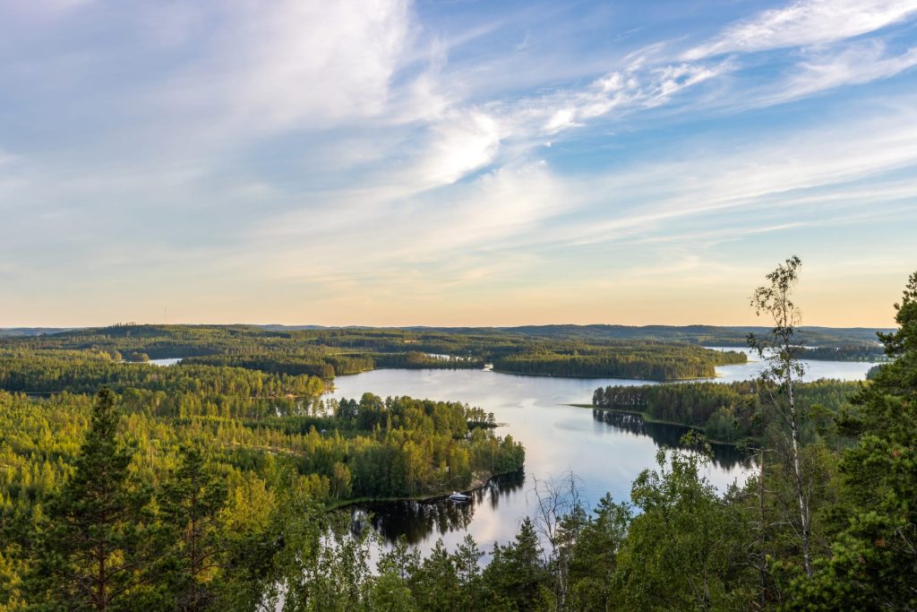 Lake view surrounded by green forest from a top of Neitvuori mountain.