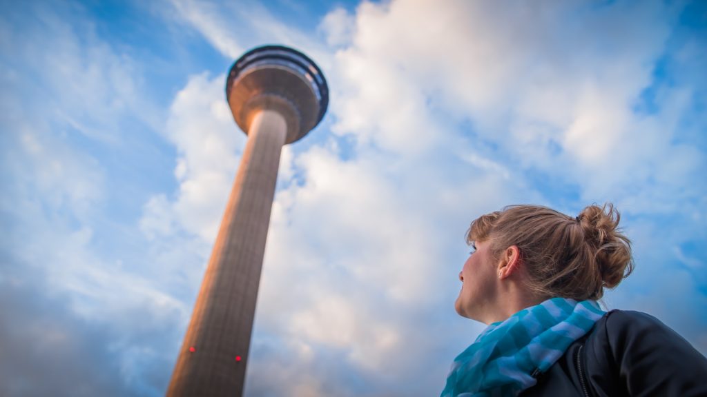 Woman looking at Näsinneula observation tower.